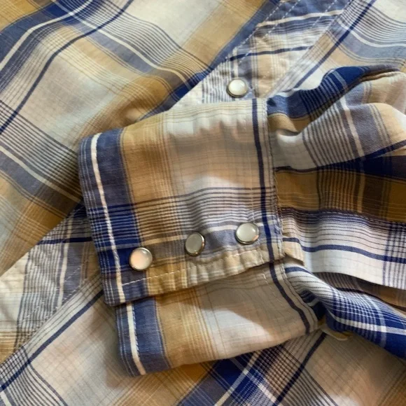 Wrangler Wrancher Pearl Snap Western Shirt Men’s Blue Plaid Size Large Cowboy - Picture 14 of 16